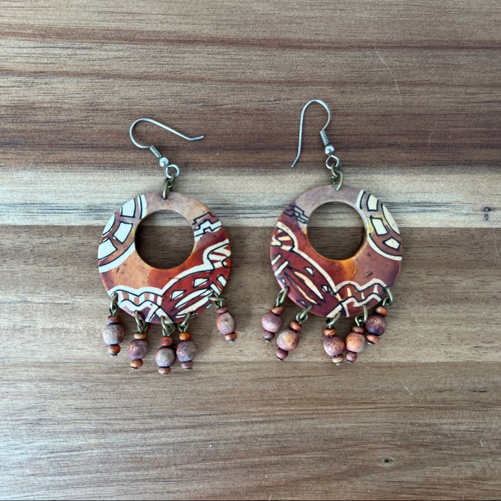 90’s Vintage painted wood tribal earrings